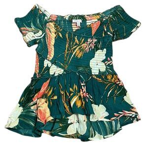 Patrons of Peace Teal and Peach Floral Smocked Short Sleeve Top, Size XS